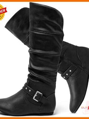 Women's Slouchy Mid Calf Boots with Side Zipper Flat Heel